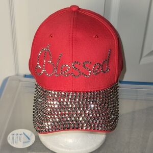 Red Cap Rhinestone Blessed Design and Rhinestones on the bill of the  Cap